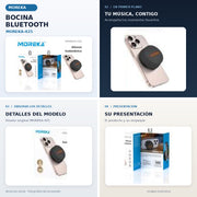 Bocina Bluetooth MOREKA-425: collage de cuatro secciones con fotografías originales del diseño y su empaque.