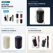Bocina Bluetooth MOREKA-445: collage cuadrado con cuatro secciones usando fotografías originales del producto y empaque.