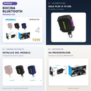 Bocina Bluetooth MOREKA-449: collage comercial de cuatro secciones elaborado con fotografías originales del producto y empaque.