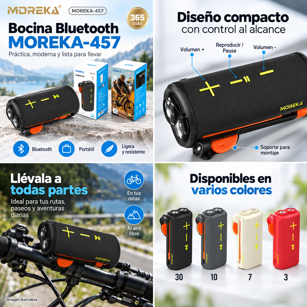 Bocina Bluetooth MOREKA-457, collage comercial de cuatro secciones con producto, empaque y detalles.