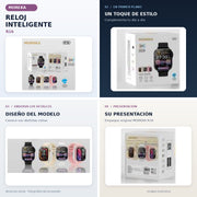 Reloj inteligente MOREKA R16: collage de cuatro secciones con fotografías originales del reloj y su empaque.