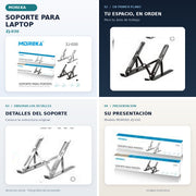 Soporte para laptop MOREKA ZJ-030: cuatro secciones con fotografías originales que conservan la estructura del soporte y su empaque.