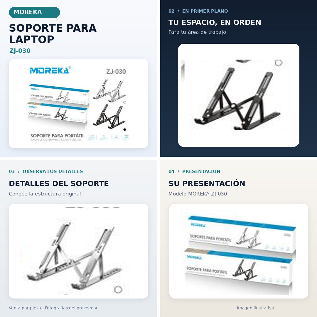 Soporte para laptop MOREKA ZJ-030: cuatro secciones con fotografías originales que conservan la estructura del soporte y su empaque.