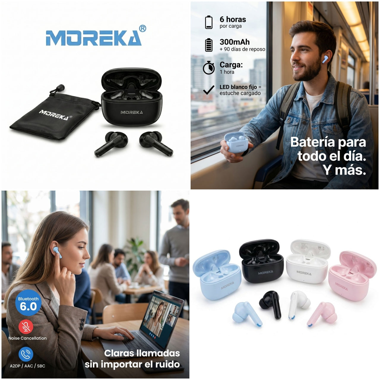 Audífonos Inalámbricos Moreka E603 con 25 Horas de Autonomía Control Táctil y Cancelación de Ruido