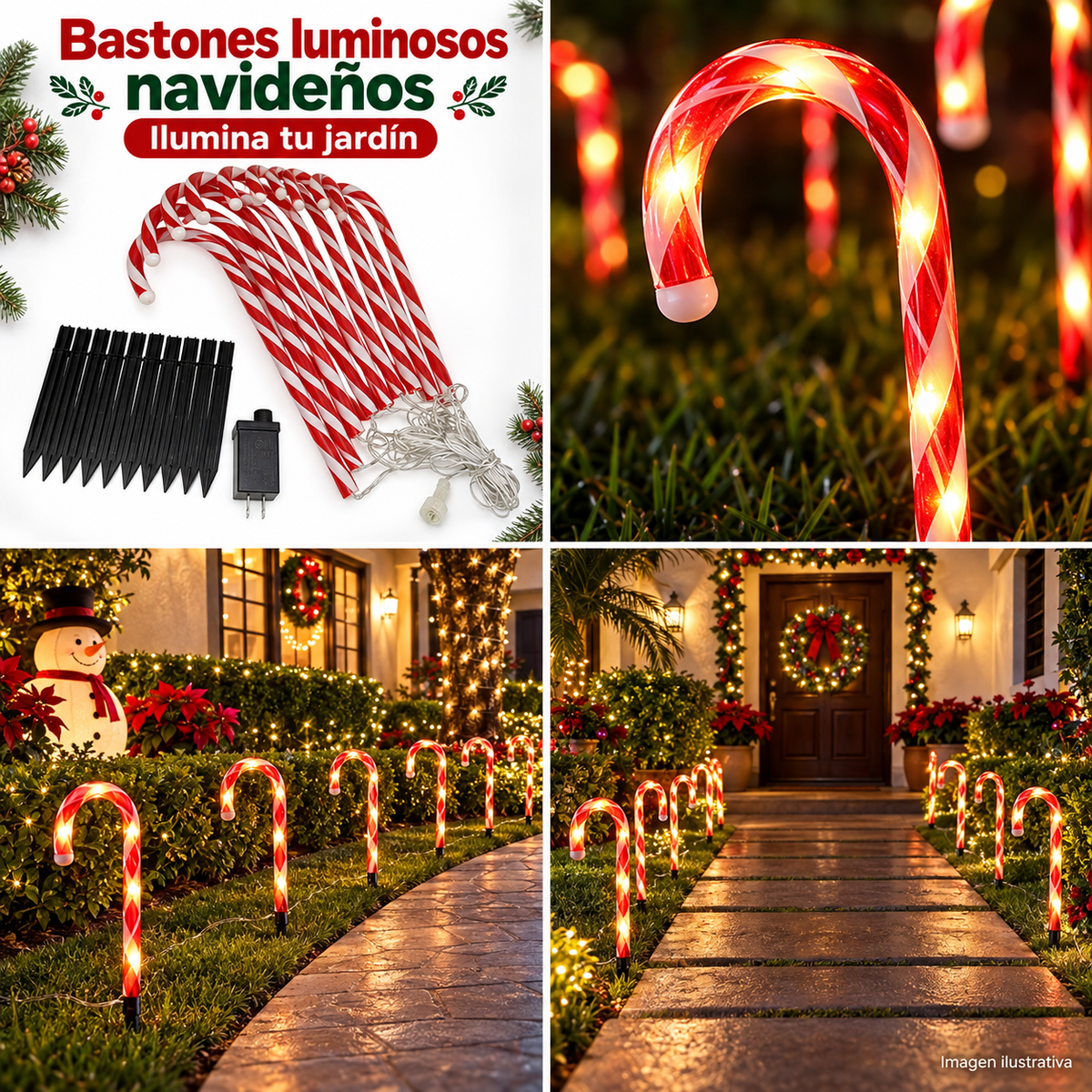 Bastones luminosos navideños — collage de cuatro secciones creado por ChatGPT, 2026-10-01; sin precio