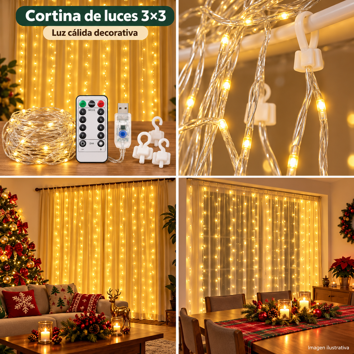 Cortina de luces 3×3 — collage de cuatro secciones creado por ChatGPT, 2026-10-01; sin precio