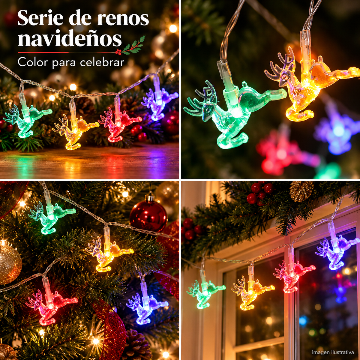 Serie de renos navideños — collage de cuatro secciones creado por ChatGPT, 2026-10-01; sin precio