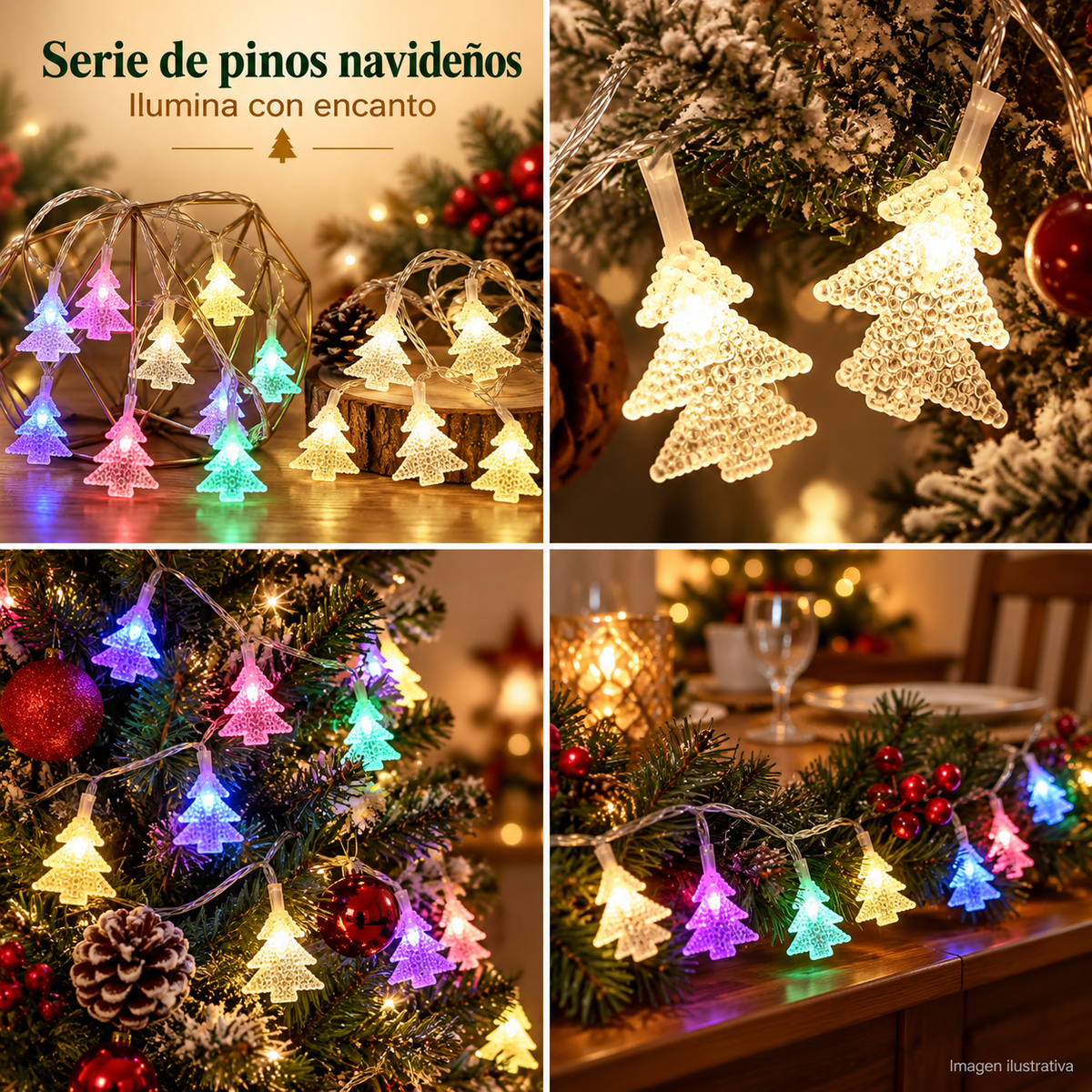 Serie de pinos navideños — collage de cuatro secciones creado por ChatGPT, 2026-10-01; sin precio