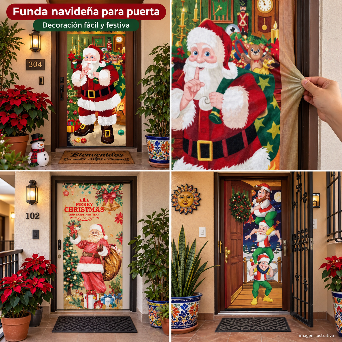 Funda navideña para puerta — collage de cuatro secciones creado por ChatGPT, 2026-10-01; sin precio