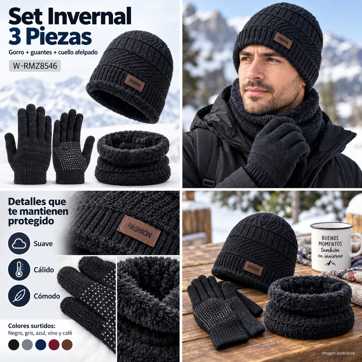 Set invernal de 3 piezas W-RMZ8546: gorro, guantes y cuello afelpado