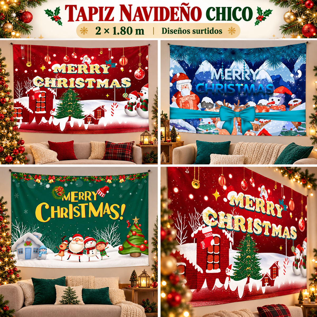 Tapiz navideño chico 2 × 1.80 m, diseños surtidos — 1693319