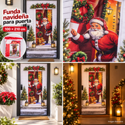 Funda navideña para puerta con Santa Claus, collage de cuatro escenas, 100 × 210 cm