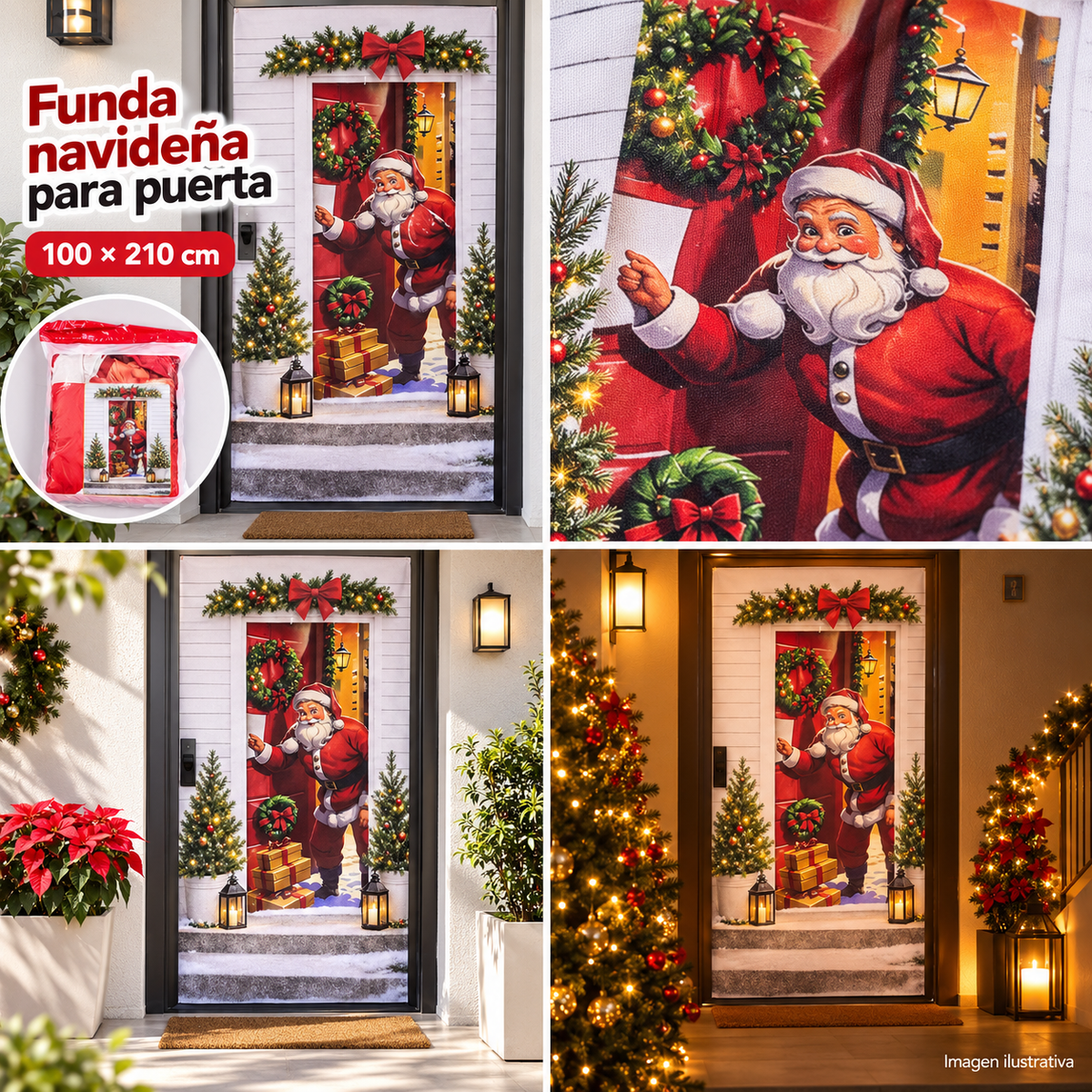 Funda navideña para puerta con Santa Claus, collage de cuatro escenas, 100 × 210 cm