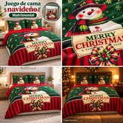 Juego de cama navideño matrimonial verde con muñeco de nieve, cuatro escenas