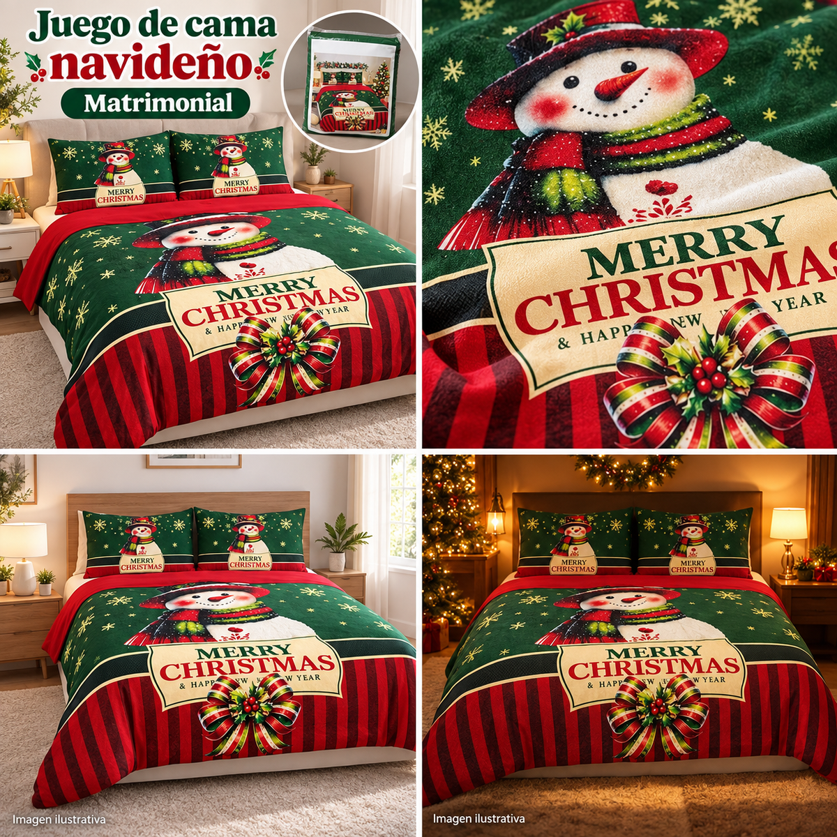 Juego de cama navideño matrimonial verde con muñeco de nieve, cuatro escenas