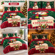 Juego de cama navideño queen verde con muñeco de nieve, cuatro escenas