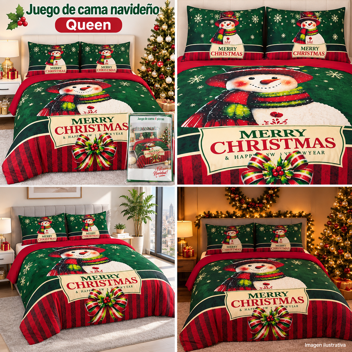 Juego de cama navideño queen verde con muñeco de nieve, cuatro escenas