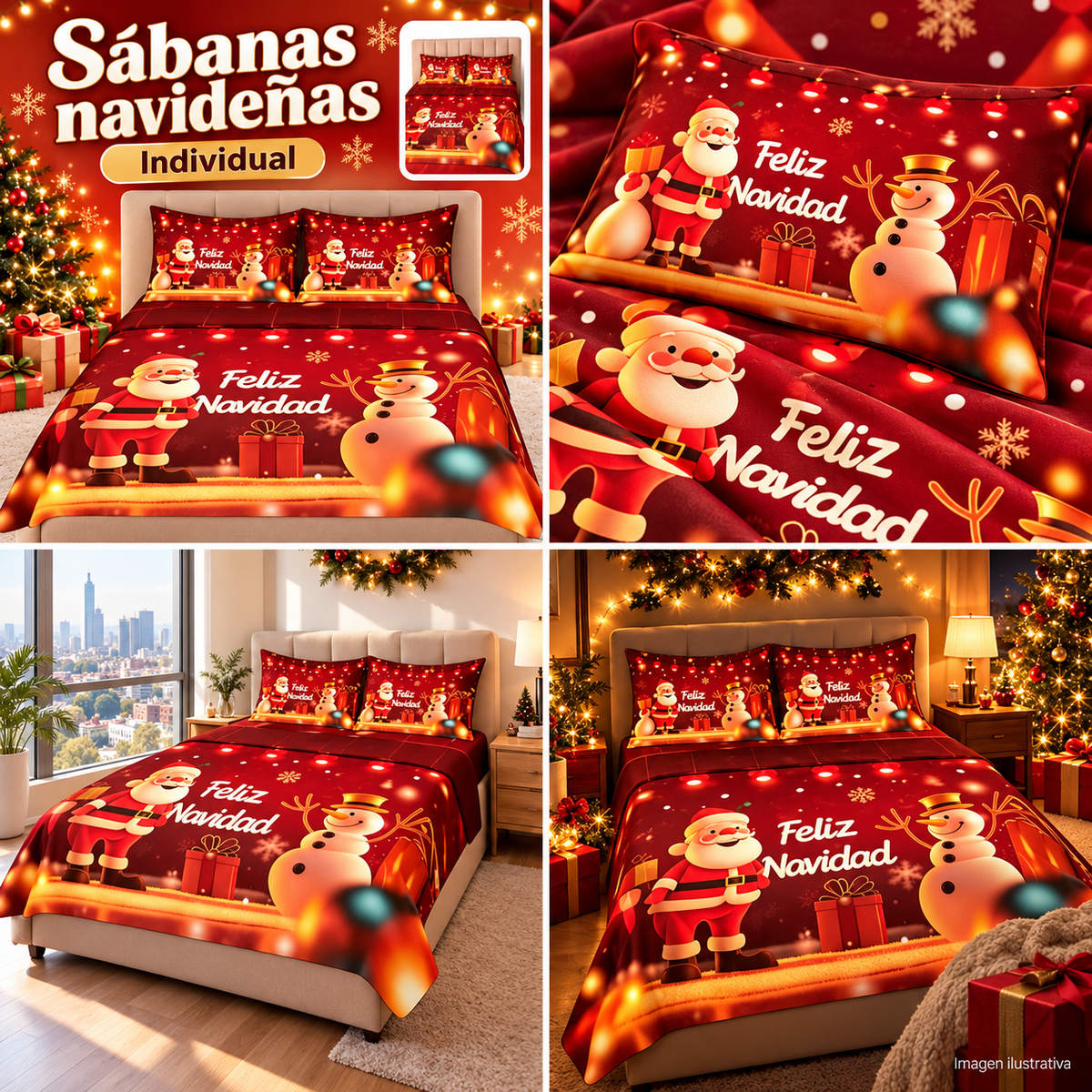 Juego de cama navideño individual rojo con Santa y muñeco de nieve, cuatro escenas