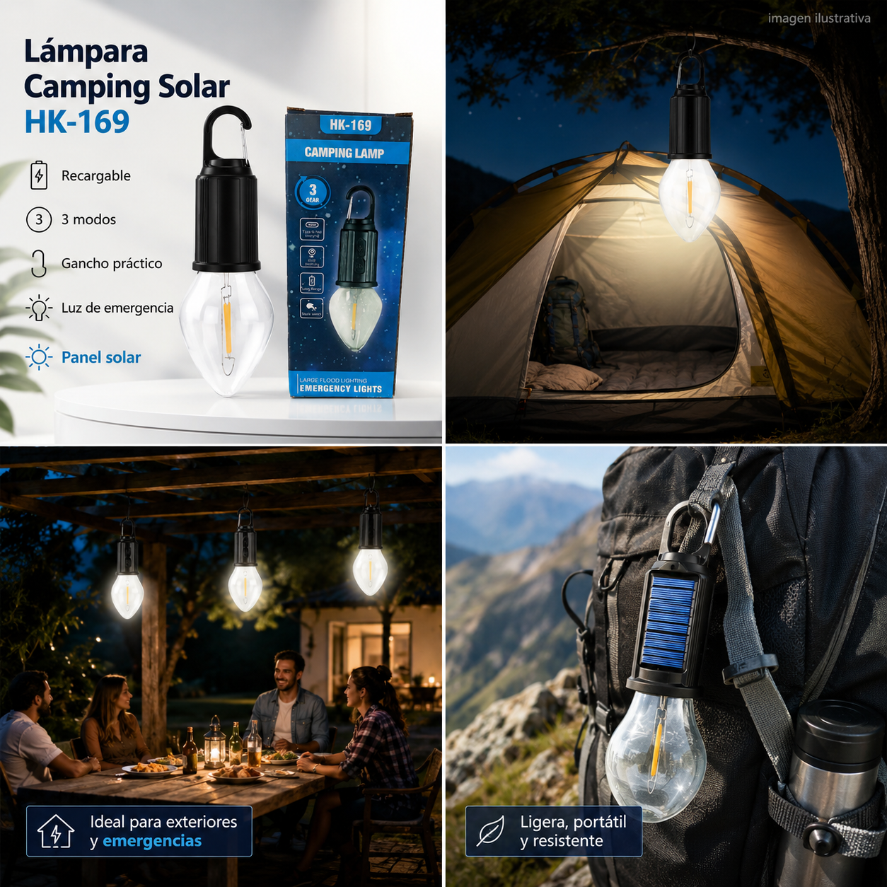 FOCO RECARGABLE Y CON PANEL SOLAR LUZ CALIDA